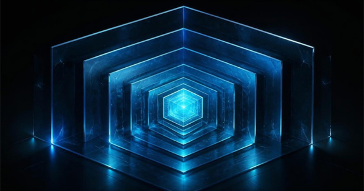 Dark cinematic illustration of nested glowing hexagonal vault walls protecting a single core, symbolizing tenant isolation and data security