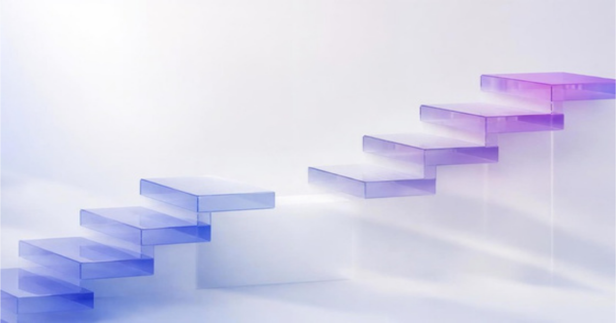 Abstract illustration of a translucent geometric staircase ascending with one step incomplete, symbolizing a capability gap in HR's AI readiness