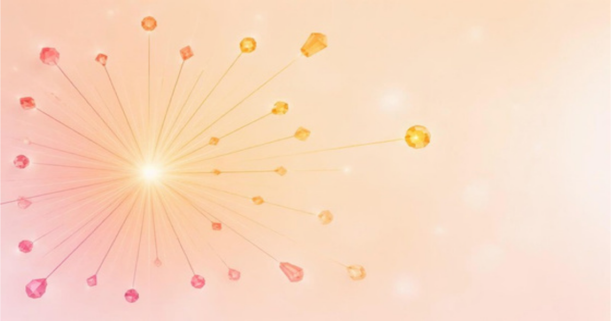 Abstract warm sunburst with individual glowing gem facets at the end of each ray, symbolizing personalized total rewards delivered at scale