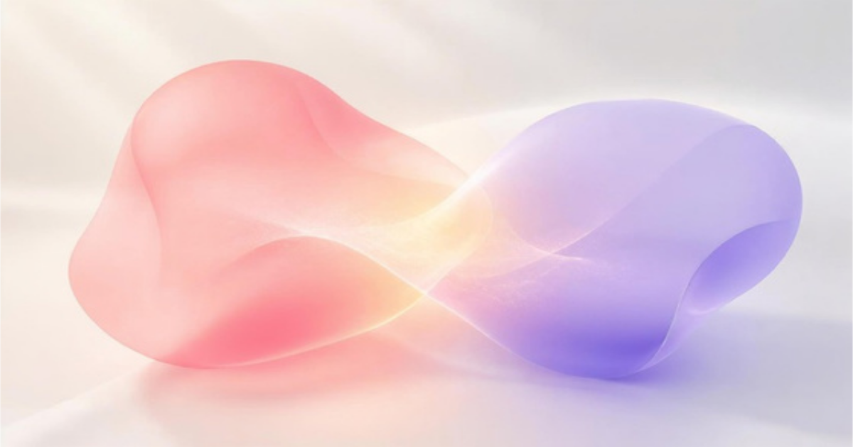 Abstract illustration of two translucent organic forms, coral and lavender, overlapping with a warm glow where they meet, symbolizing trust building between employees and AI agents