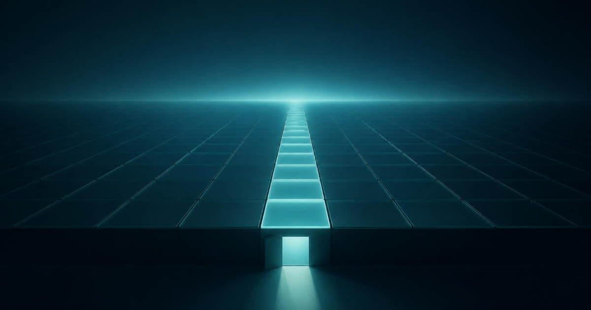 A dark teal floor of glass tiles where a single lit path leads from a small open doorway toward a glowing horizon, symbolizing employee requests finding a clear answer