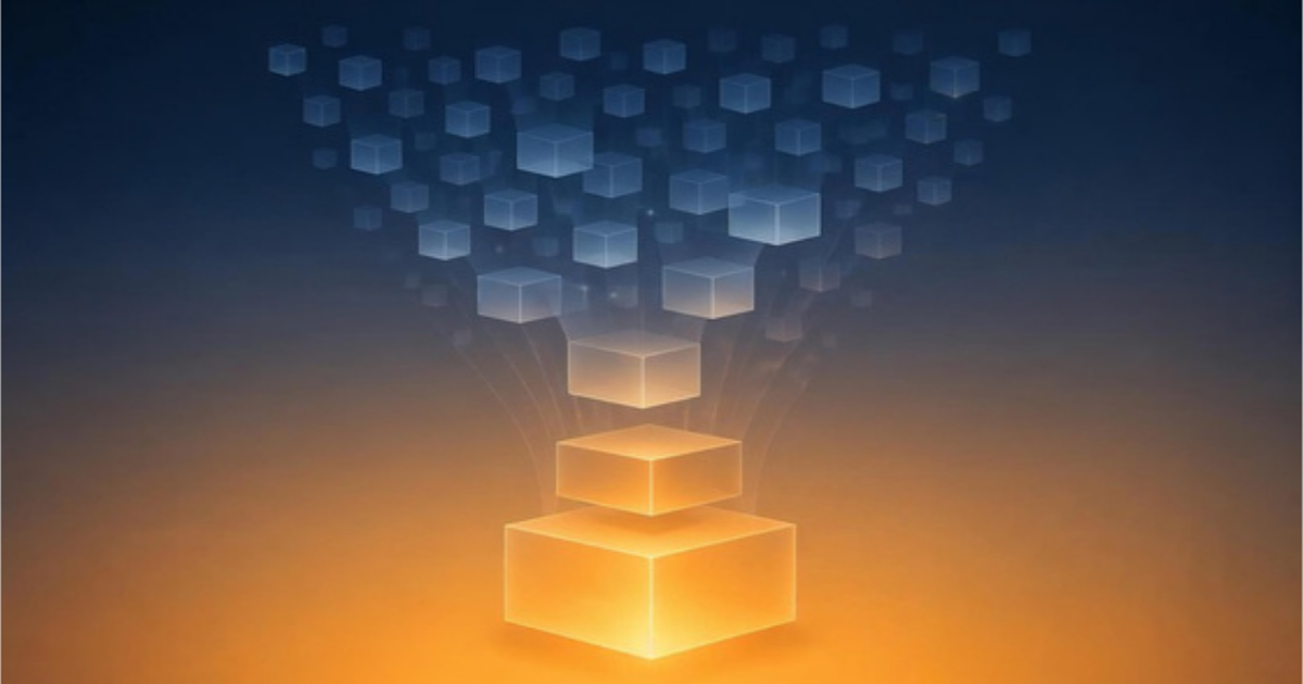 Abstract dusk-toned illustration of many small translucent blocks funneling down into fewer larger glowing blocks, symbolizing deliberate organizational consolidation