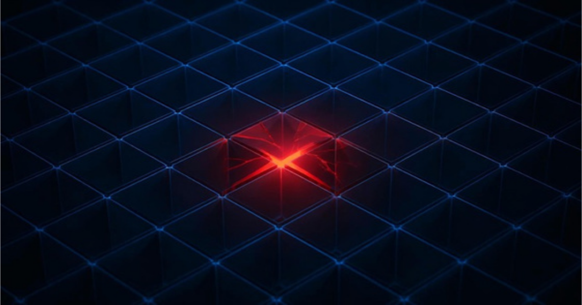 Dark illustration of an orderly blue geometric grid with one cell cracked and glowing red, symbolizing a hidden legal risk inside an otherwise controlled system