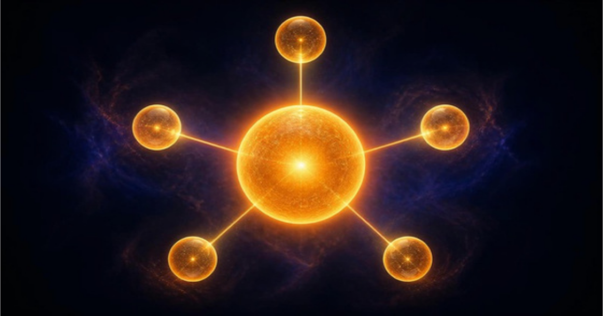 Dark illustration of five small glowing gold spheres orbiting one larger central sphere, visualizing McKinsey's 5-to-1 investment ratio