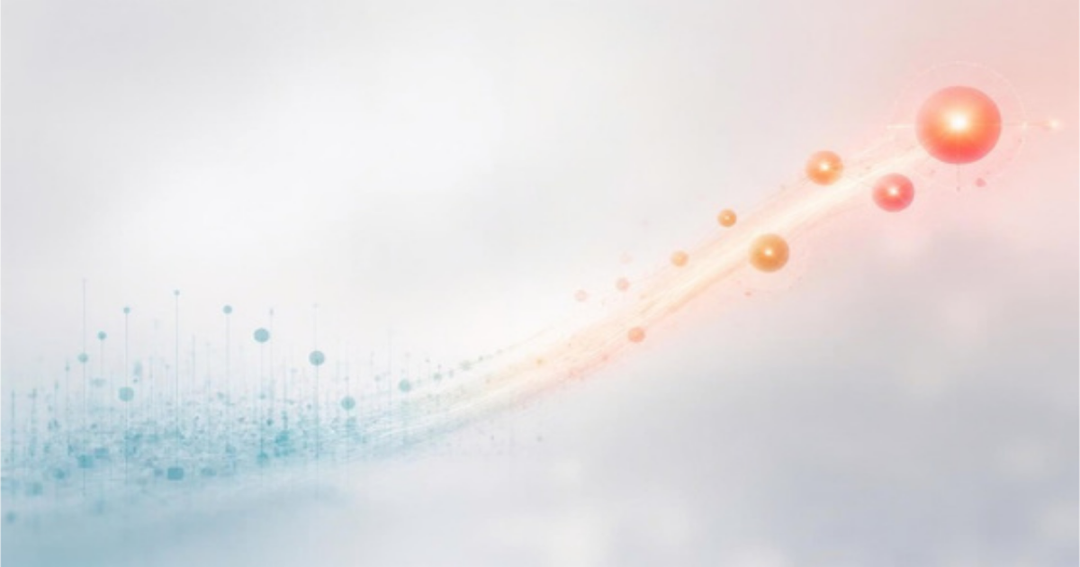 Abstract illustration of scattered cool-toned data points flowing along a curved light trail into warm glowing nodes, symbolizing the shift from historical reporting to predictive analytics