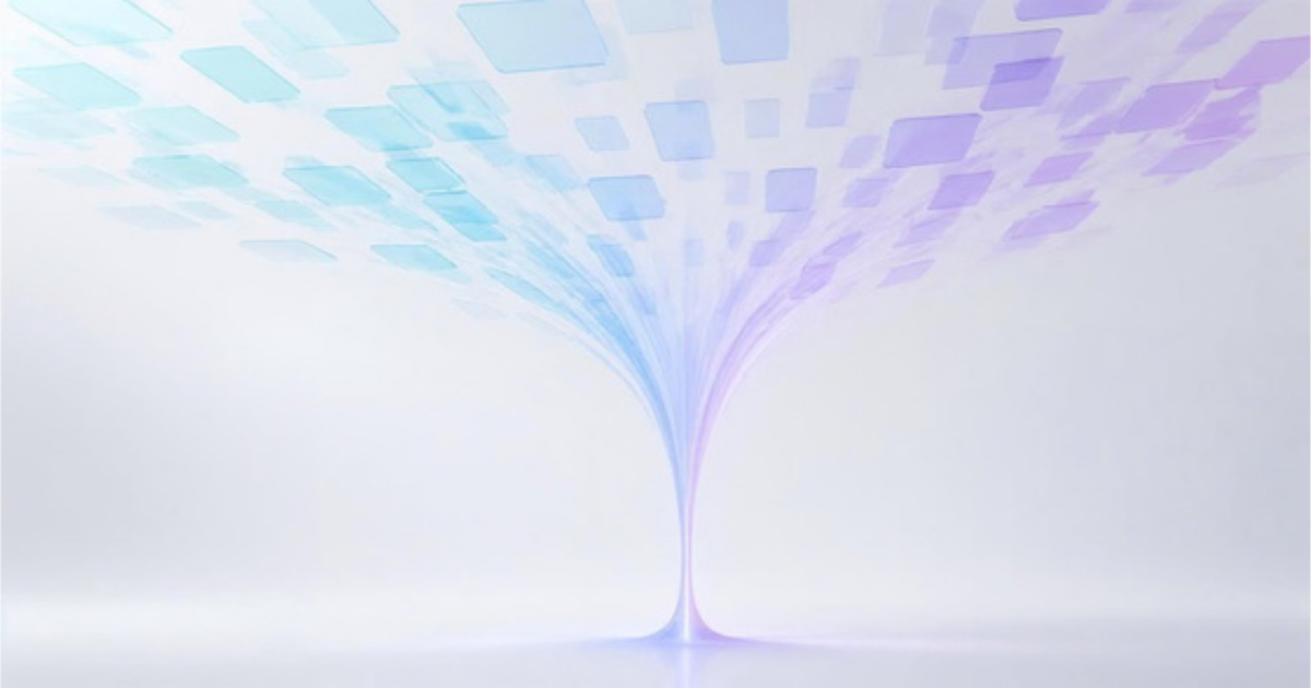 Abstract illustration of many scattered translucent panels funneling down into a single smooth glowing stream, symbolizing ticket volume resolved into automated flow