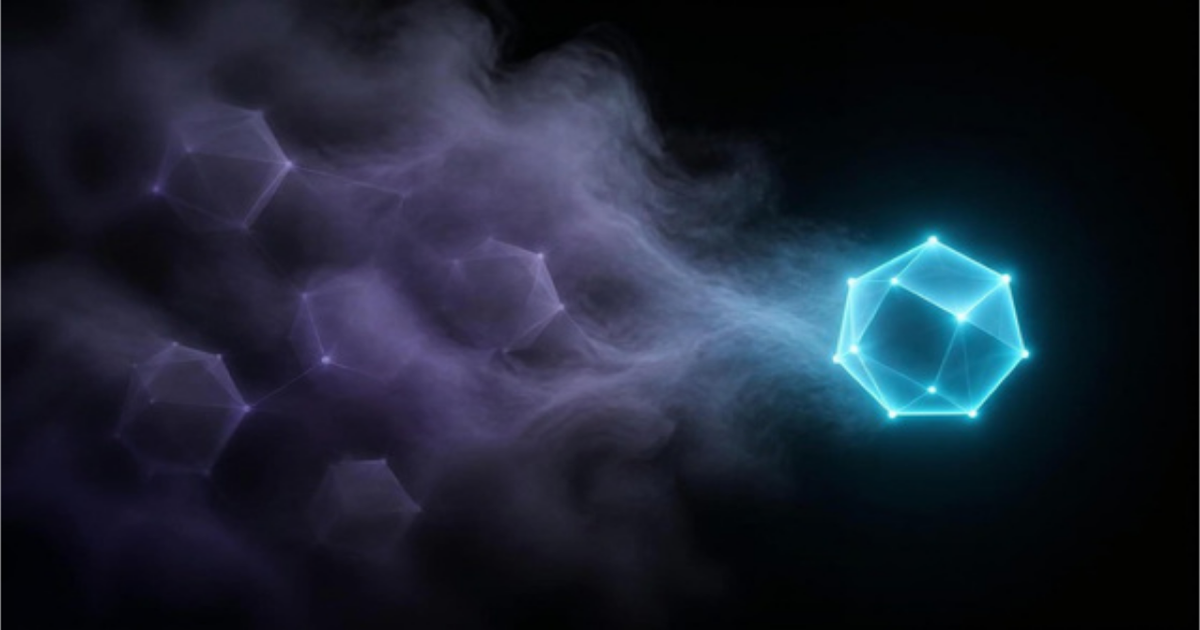 Dark illustration of dim geometric nodes hidden in a purple haze, with one node breaking free and glowing crisply in cyan, symbolizing shadow AI made visible