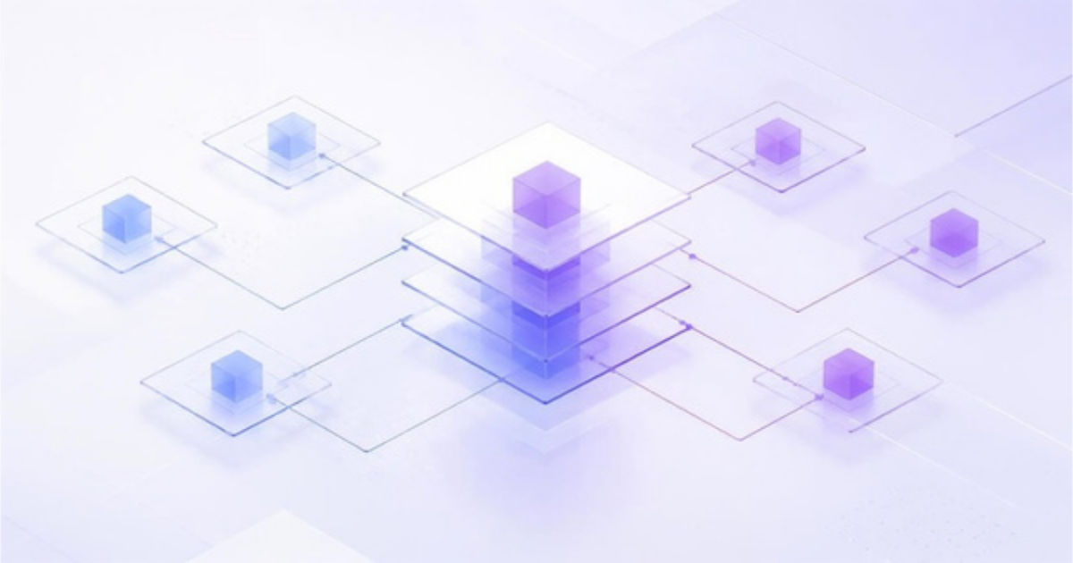 Abstract light-toned illustration of connected geometric checkpoints forming an orderly framework, symbolizing structured AI governance and oversight