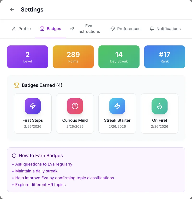 Eva People Badges - Gamification with achievements and streaks