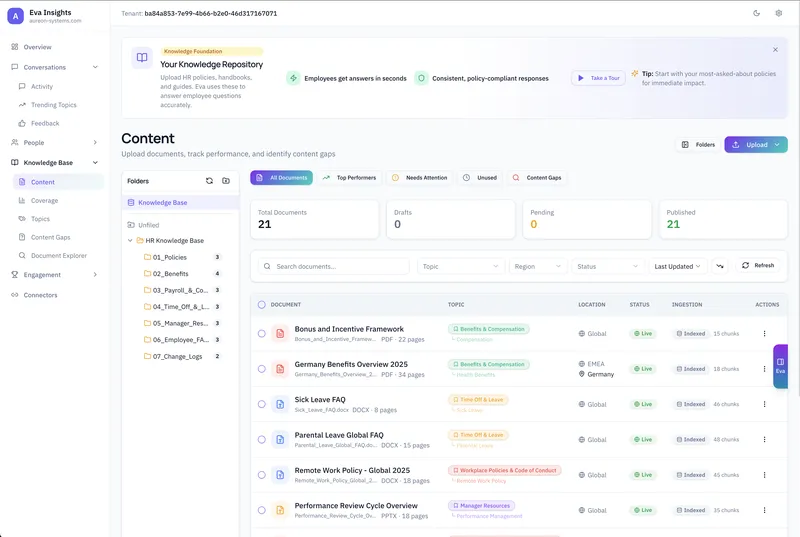 Eva Knowledge Base - Document management with folders and status tracking