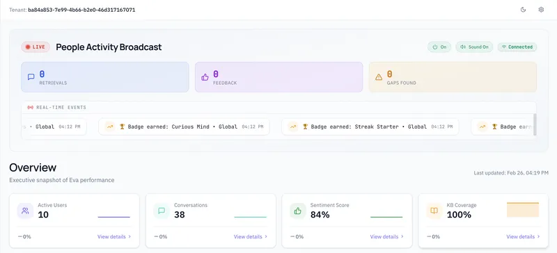 Eva Live Activity Broadcast - Real-time events, retrievals, feedback, and gaps with executive overview